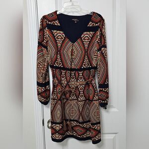Robbie Bee Dress Woman's Medium Tribal Print Long Balloon Sleeve Belted EUC